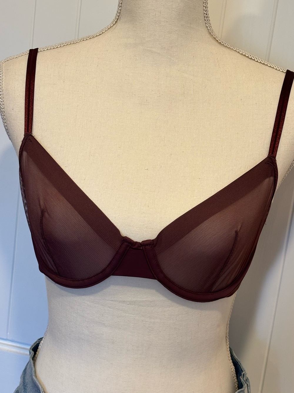 Auden Discontinued Unlined Demi Underwire Sheer Mesh Bra Wine 34B